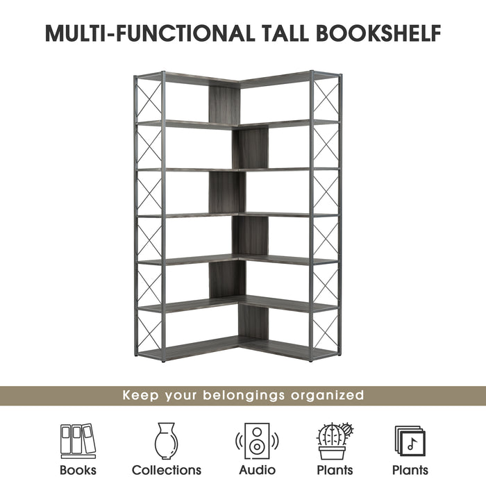 7-Tier L-Shaped Corner Bookcase, Industrial Style with Metal Frame and Open Storage Shelves, Perfect for Home Office - MDF Board, Silver + Grey