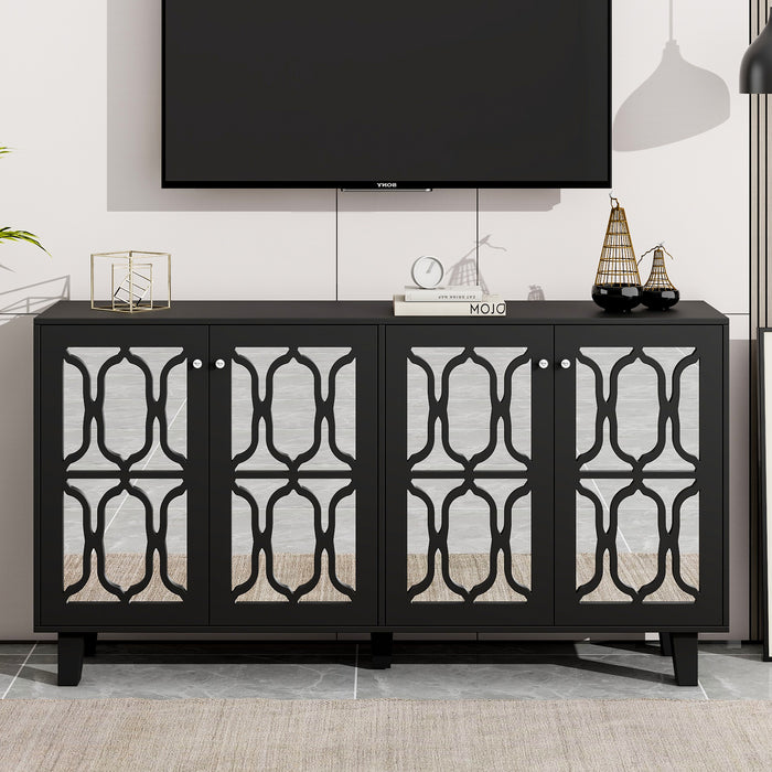 ON-TREND Buffet Cabinet with Adjustable Shelves, 4-Door Mirror Hollow-Carved TV stand for TVs Up to 70'', Multi-functional Console Table with Storage Credenza Accent Cabinet for Living Room, Black