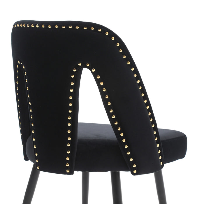 Set of 2 Modern Velvet Upholstered Dining Chairs With Nailheads & Gold Tipped Black Metal Legs, Black