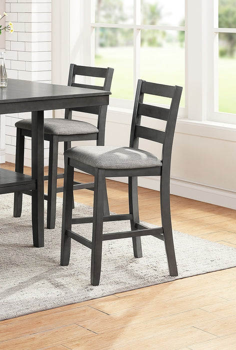 Counter Height 5-Piece Set Classic Dining Room Furniture, Gray Finish Square Dining Table With Shelves, Cushion Seat Ladder Back High Chairs - Solid Wood