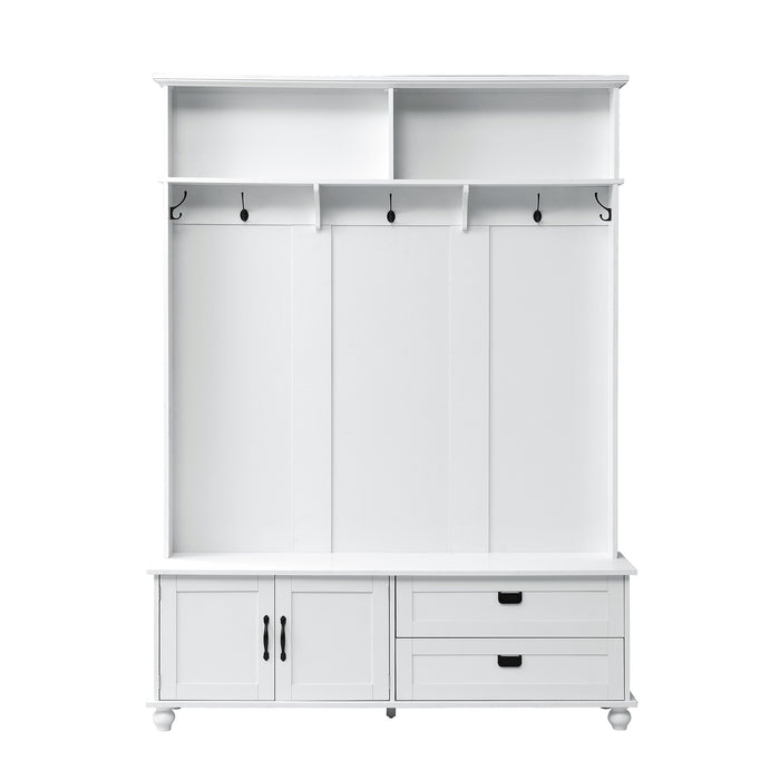 [VIDEO provided] ON-TREND Modern Style Hall Tree with Storage Cabinet and 2 Large Drawers, Widen Mudroom Bench with 5 Coat Hooks, White