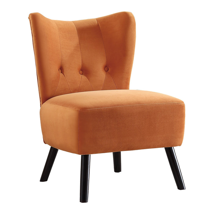 Orange Velvet Accent Chair with Button-Tufted Back & Brown Wood Legs, Modern Home Furniture