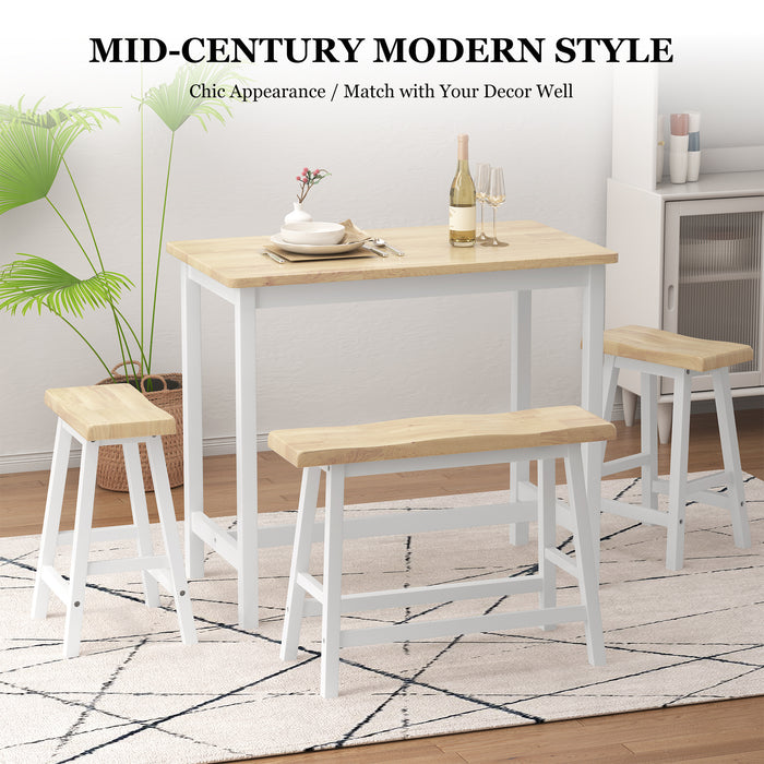 Modern Bar Dining Table Set for 4 All Rubber Wood Kitchen Bistro Counter Height Table Bench Stool for Dining Room Small Space Natural Color & White