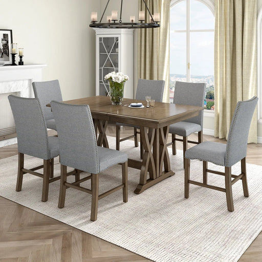 TOPMAX Mid-Century Solid Wood 7-Piece Dining Table Set Extendable Kitchen Table Set with Upholstered Chairs and 12' Leaf for 6, Golden Brown+Gray Cushion(Old SKU: SP000015AAD) Glass House Furnishings