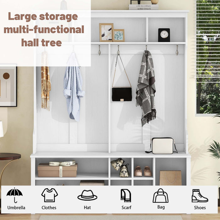 Modern Hallway Hall Tree with Metal Hooks and Storage Space, Multi-Functional Entryway Coat Rack with Shoe Cubbies, White (Pre-sale date: December 18th)