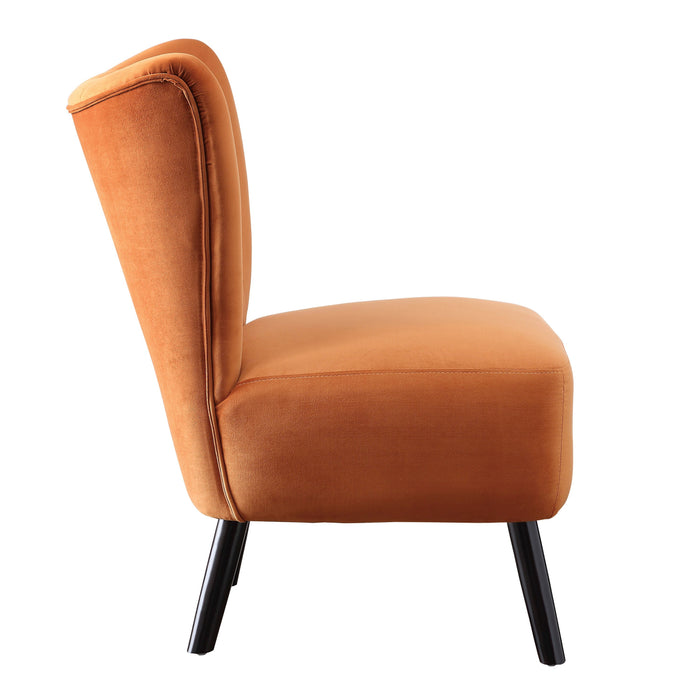 Orange Velvet Accent Chair with Button-Tufted Back & Brown Wood Legs, Modern Home Furniture