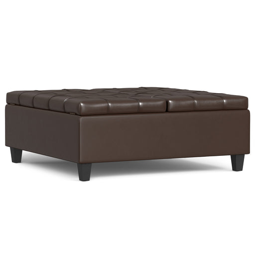 Harrison Chocolate Brown Vegan Leather Coffee Table Storage Ottoman Glass House Furnishings