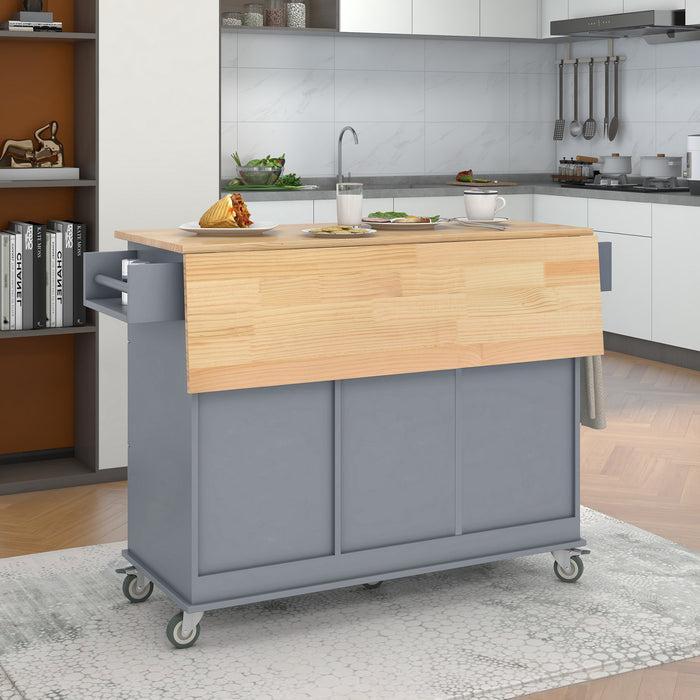 Rolling Mobile Kitchen Island with Solid Wood Top and Locking Wheels, 52.7 Inch Width, Storage Cabinet and Drop Leaf Breakfast Bar, Spice Rack, Towel Rack & Drawer - Grey Blue