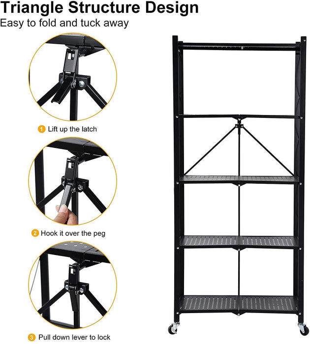 HealSmart 5-Tier Heavy Duty Foldable Metal Rack Storage Shelving Unit with Wheels Moving Easily Organizer Shelves Great for Garage Kitchen Holds up to 1250 lbs Capacity, Black