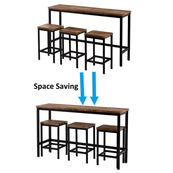 TOPMAX Extra Long Counter Height Dining Table Set with 3 Stools, Pub Kitchen Set & Side Table with Footrest,  Brown