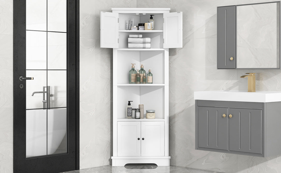 Tall Bathroom Storage Cabinet, Corner Cabinet with Doors and Adjustable Shelf, MDF Board, White