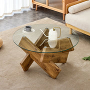 Circular glass coffee table, 33.4-inch modern and distinctive design tea table. Tempered glass countertop, wood colored MDF table legs. Suitable for living rooms and farmhouses Glass House Furnishings
