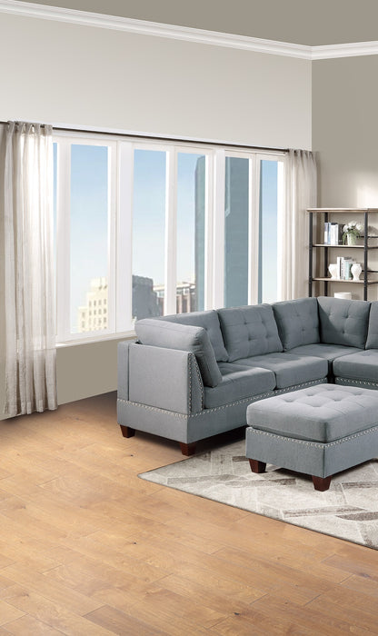 Modular Sectional 9pc Set Living Room Furniture Corner Sectional Tufted Nail heads Couch Gray Linen Like Fabric 3x Corner Wedge 4x Armless Chairs and 2x Ottomans