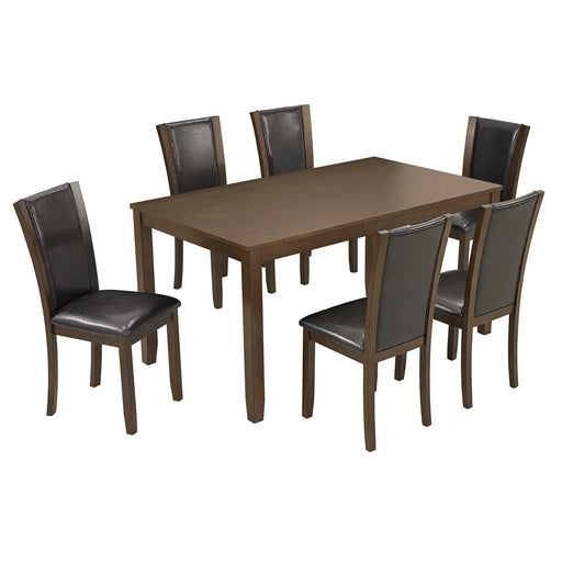 Modern 7-Piece Dining Table Set with 6 Upholstered Chairs, Wooden Rectangular Dining Table Set for 6 with Chairs, for Dining Room, Kitchen, Restaurant, Walnut Glass House Furnishings