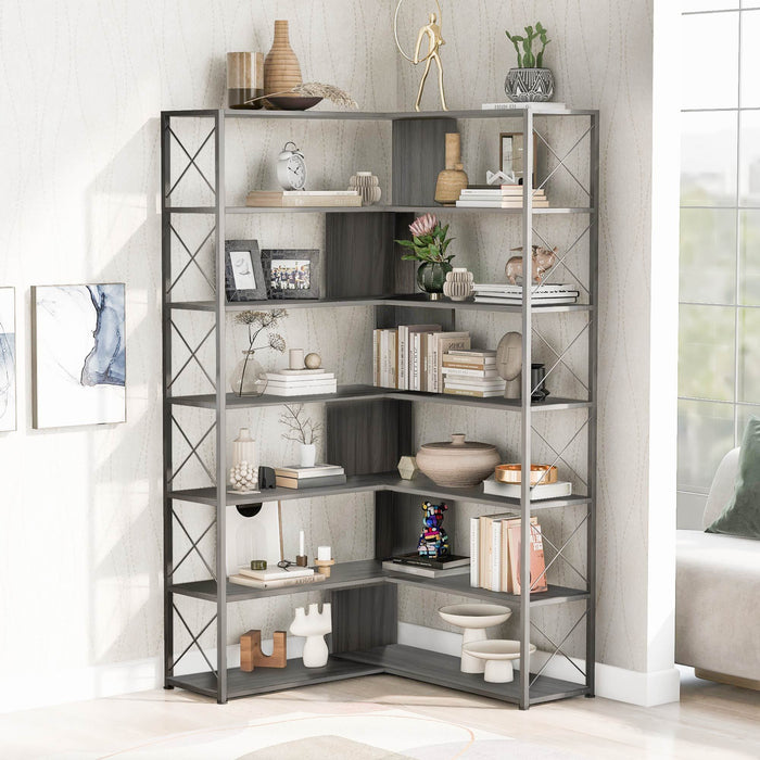 7-Tier L-Shaped Corner Bookcase, Industrial Style with Metal Frame and Open Storage Shelves, Perfect for Home Office - MDF Board, Silver + Grey