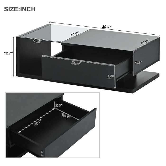 [VIDEO provided] ON-TREND Modern Coffee Table with Tempered Glass, Wooden Cocktail Table with High-gloss UV Surface, Modernist 2-Tier Rectangle Center Table for Living Room, Black