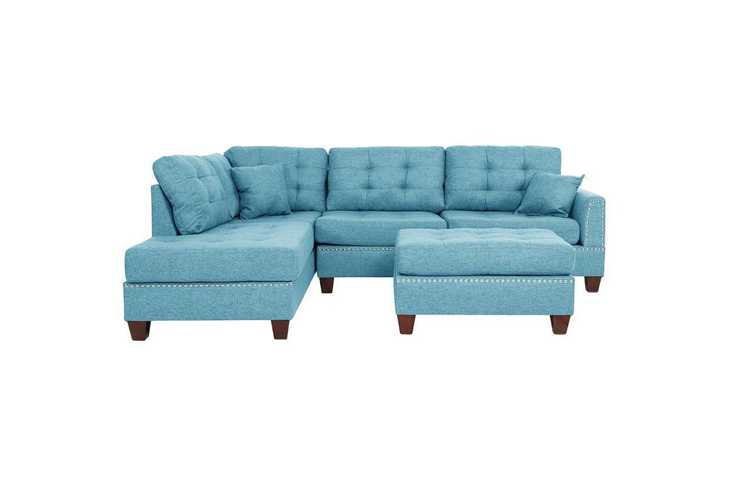 3-Piece Modern Sectional Living Room Furniture Set with Reversible Chaise, Sofa and Ottoman - Tufted Polyfiber Linen-Like Fabric, Cushion Couch with Pillows, Blue