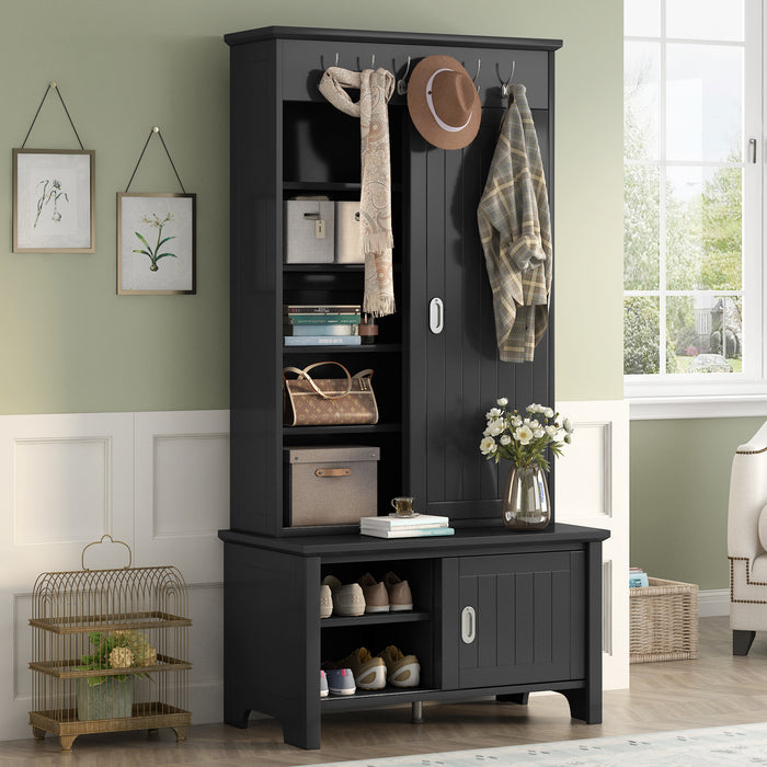 ON-TREND Multifunctional Hall Tree with Sliding Doors, Wooden Hallway Shoe Cabinet with Storage Bench and Shelves, Mudroom Coat Storage with Hanging Hooks for Entryways, Black