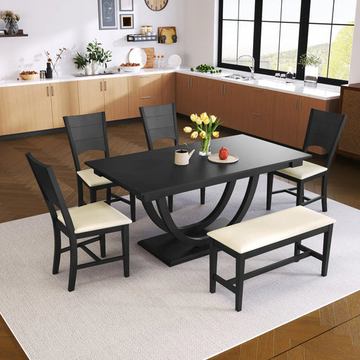 TOPMAX 6-Piece Wood Half Round Dining Table Set Kitchen Table Set with Long Bench and 4 Dining Chairs, Modern Style, Gray Glass House Furnishings