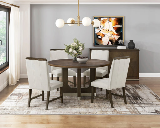 Modern Brown Finish Dining Set 5pcs Round Table and 4x Side Chairs Beige Upholstered Comfort Durable Metallic Accent Base Table Wooden Furniture Glass House Furnishings
