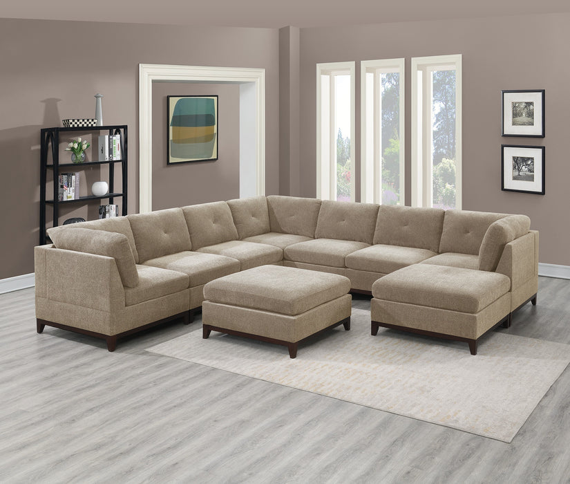 Camel Chenille Fabric Modular Sectional 9pc Set Living Room Furniture Corner Sectional Couch 3x Corner Wedge 4x Armless Chairs and 2x Ottomans Tufted Back Exposed Wooden Base