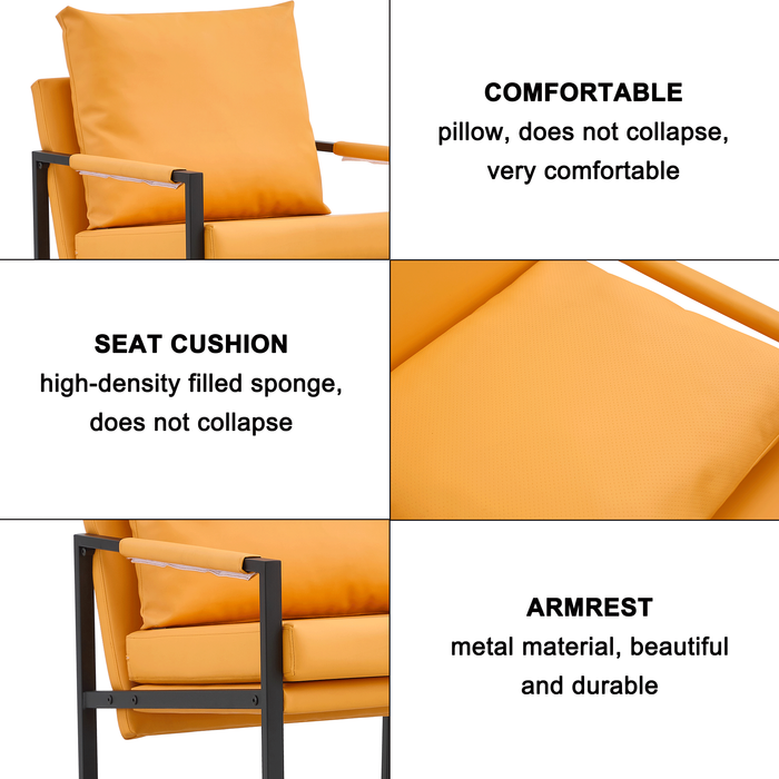 Mid Century PU Leather Accent Armchair, Upholstered Sofa Chair with Metal Frame, Extra-Thick Padded Backrest, and Seat Cushion - Comfortable Foam Padding - Ideal for Living Room and Home, Orange