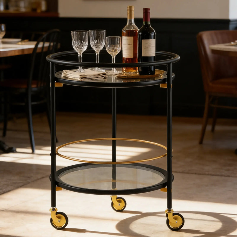 Modern Round Bar Cart with Tempered Glass Shelves and Gold Accents Glass House Furnishings