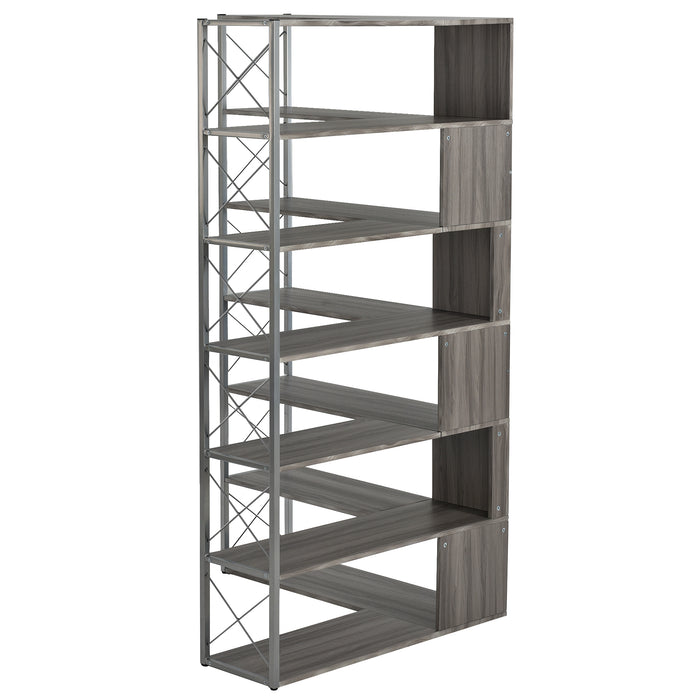 7-Tier L-Shaped Corner Bookcase, Industrial Style with Metal Frame and Open Storage Shelves, Perfect for Home Office - MDF Board, Silver + Grey