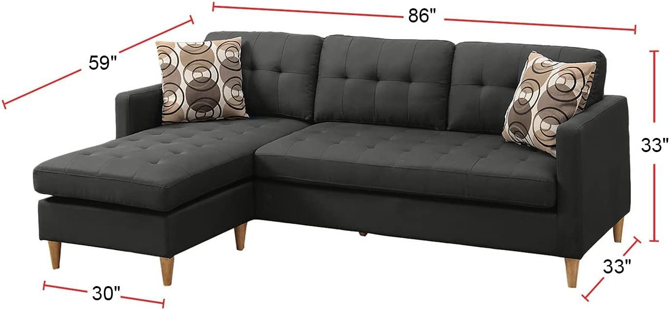 Black Polyfiber Sectional Sofa With Reversible Chaise, Tufted Back, Pillows, Modular Living Room Furniture