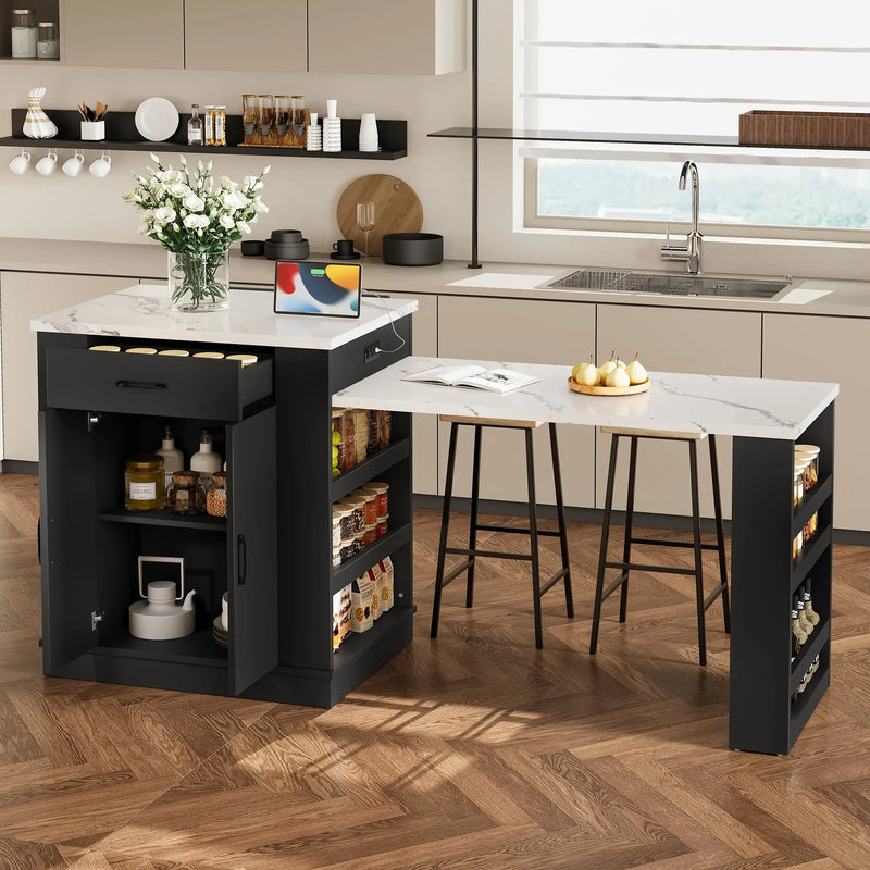 Extendable island console with drawers, double-door cabinet, and open shelving. Serves as dining table, temporary breakfast bar, and afternoon tea lounge,Black Glass House Furnishings