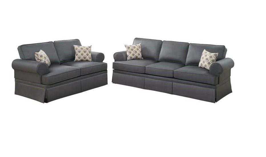 Charcoal Glossy Polyfiber 2-Piece Sofa Set With Loveseat, Pillows, Rolled Armrest - Living Room Furniture Couch