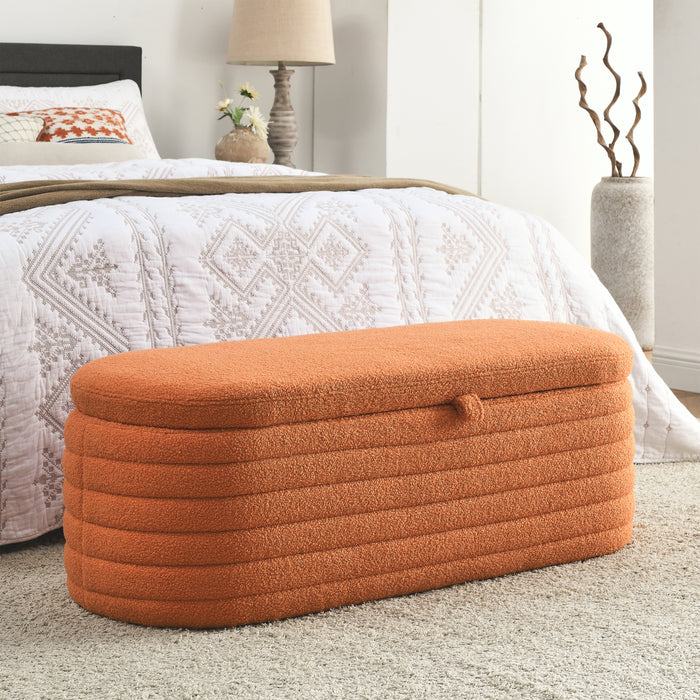 [Video] Welike Length 45.5 inchesStorage Ottoman Bench Upholstered Fabric Storage Bench End of Bed Stool with Safety Hinge for Bedroom, Living Room, Entryway, orange teddy.