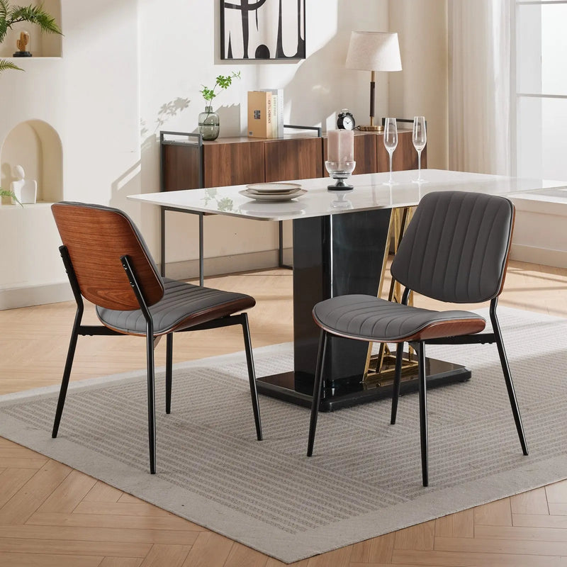 A&A Furniture, Dining Chairs Set of 2 Mid Century Modern Retro Faux Leather Chair with Walnut Bentwood Back Upholstered Seat Metal Legs Adjustable Foot for Kitchen Dining Room Chairs(Gray PU) Glass House Furnishings