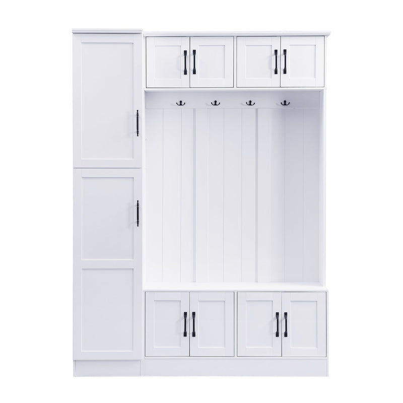 Vibe Haus White Hall Tree with Shoe Storage and Cabinets Glass House Furnishings