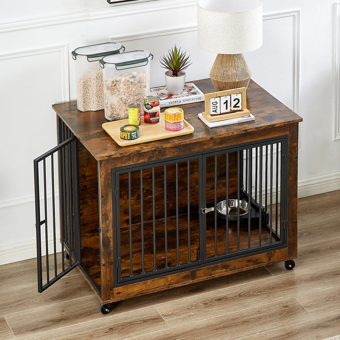 Furniture Style Dog Crate Side Table With Rotatable Feeding Bowl, Wheels, Three Doors, Flip-Up Top Opening. Indoor, Rustic Brown, 38.58"W x 25.2"D x 27.17"H