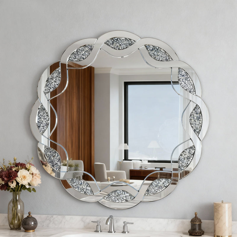 Celeste Silver Crystal Wave Round Wall Mirror Glass House Furnishings