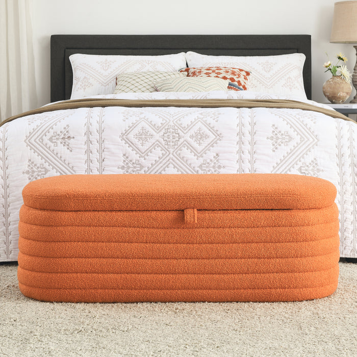 [Video] Welike Length 45.5 inchesStorage Ottoman Bench Upholstered Fabric Storage Bench End of Bed Stool with Safety Hinge for Bedroom, Living Room, Entryway, orange teddy.