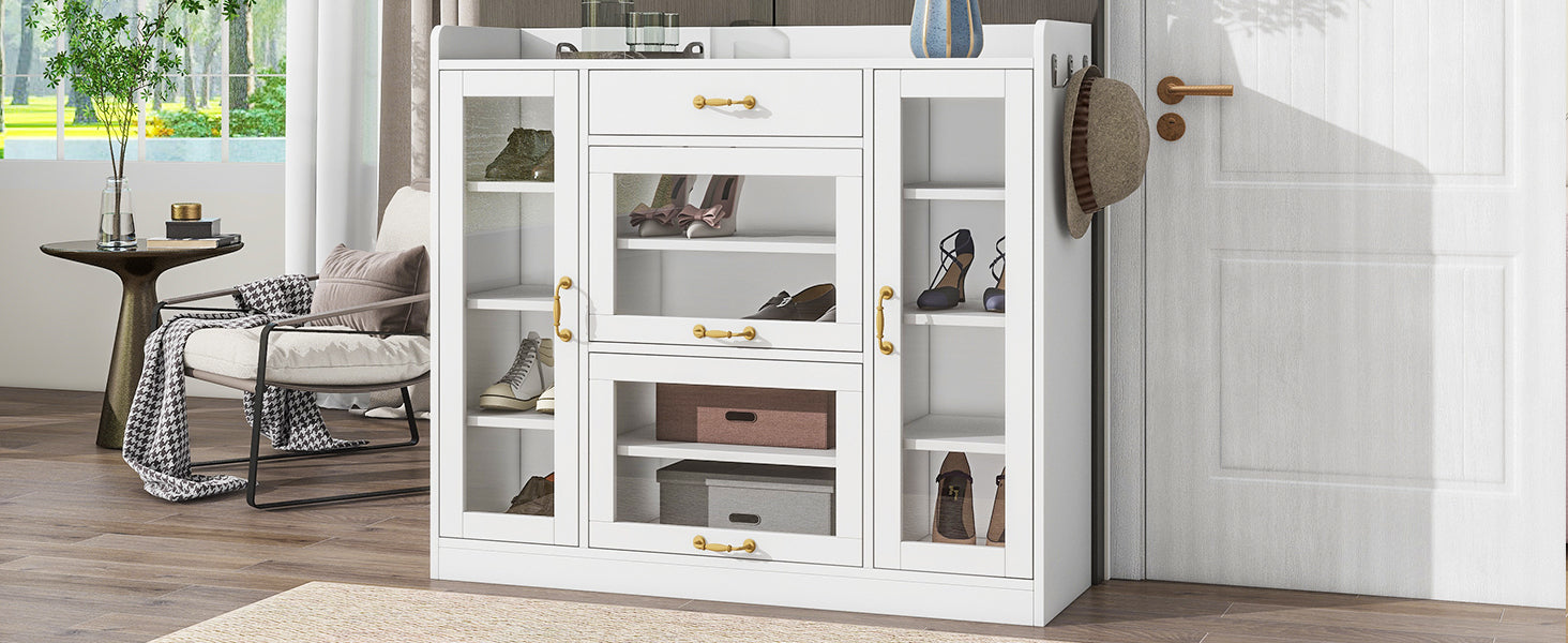 ON-TREND Modernist Side Cabinet with 4 Glass Doors & 3 Hooks, Freestanding Shoe Rack with Multiple Adjustable Shelves, Versatile Display Cabinet with Gold Handles for Hallway, Living Room, White