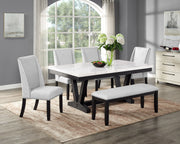 6pc Dining Set Contemporary Style White Genuine Marble Rectangular Table Top Dove Gray Upholstery Chairs Nailhead Tufted Bench Black Finish Wooden Solid Wood Dining Room Furniture Glass House Furnishings