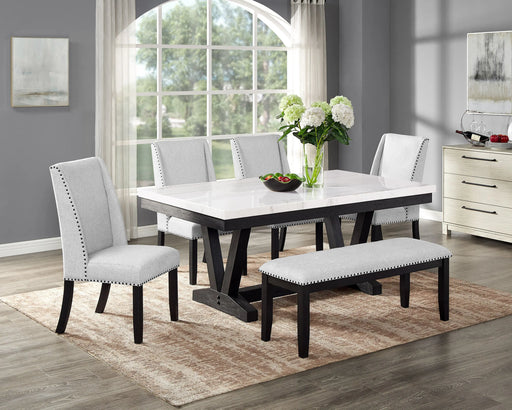 6pc Dining Set Contemporary Style White Genuine Marble Rectangular Table Top Dove Gray Upholstery Chairs Nailhead Tufted Bench Black Finish Wooden Solid Wood Dining Room Furniture Glass House Furnishings