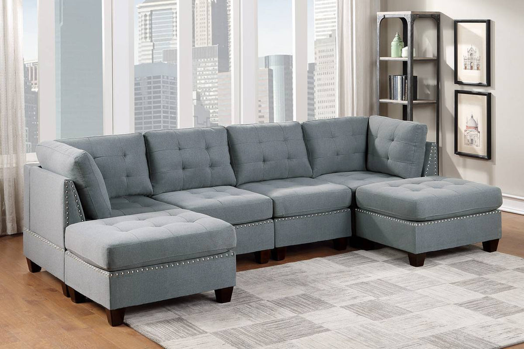 6-Piece Linen-Like Fabric Modular Sectional Living Room Furniture Set, U-Sectional with Tufted Nailheads, Includes 2 Corner Wedges, 2 Armless Chairs, and 2 Ottomans, Gray