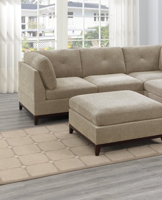 Camel Chenille Fabric Modular Sectional 6pc Set Living Room Furniture Corner L-Sectional Couch 2x Corner Wedge 2x Armless Chairs and 2x Ottomans Tufted Back Exposed Wooden Base