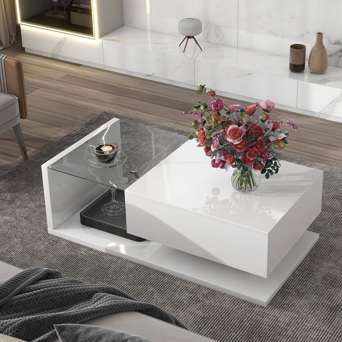 [VIDEO provided] ON-TREND Modern Coffee Table with Tempered Glass, Wooden Cocktail Table with High-gloss UV Surface, Modernist 2-Tier Rectangle Center Table for Living Room, White