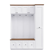 Camden Farmhouse Hall Tree with Storage Bench and Shoe Cabinets Glass House Furnishings