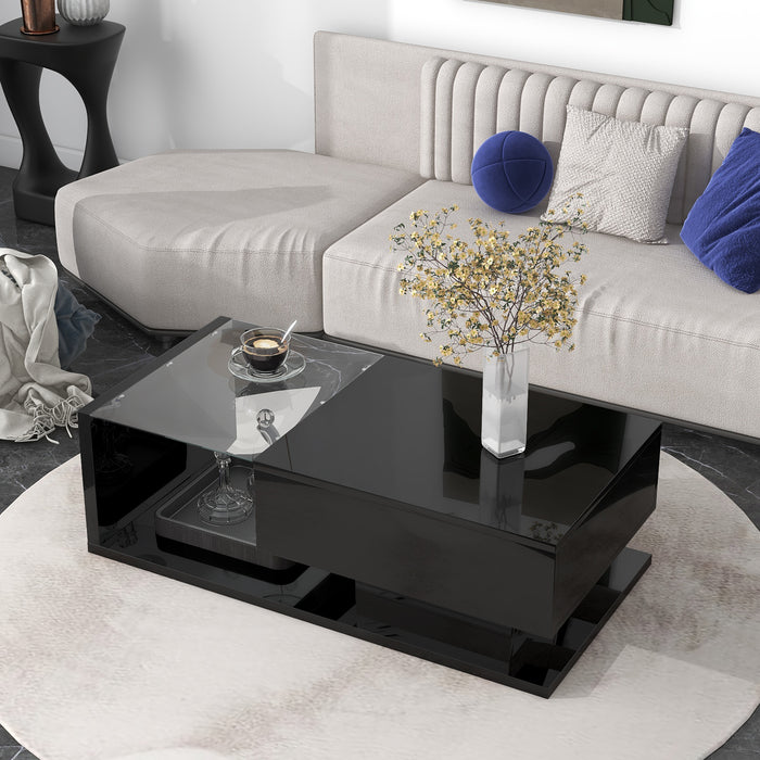 [VIDEO provided] ON-TREND Modern Coffee Table with Tempered Glass, Wooden Cocktail Table with High-gloss UV Surface, Modernist 2-Tier Rectangle Center Table for Living Room, Black