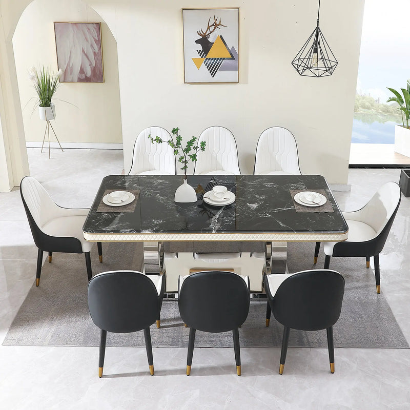 9 Pieces Luxury Black Dining Table Set, Modern 79' Rectangular Kitchen Table of 8 with Marble Top & Silver Stainless Steel Dual Circle Base, Dining Room Table for with 8 PU Leather Chairs Glass House Furnishings