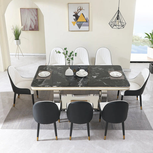 9 Pieces Luxury Black Dining Table Set, Modern 79' Rectangular Kitchen Table of 8 with Marble Top & Silver Stainless Steel Dual Circle Base, Dining Room Table for with 8 PU Leather Chairs Glass House Furnishings