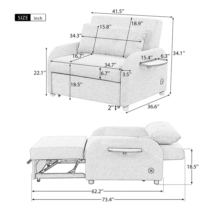 pull out sofa sleeper 3 in 1 with 2 wing table and usb charge for nap line fabric for living room recreation room grey