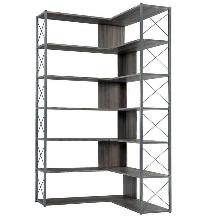 7-Tier L-Shaped Corner Bookcase, Industrial Style with Metal Frame and Open Storage Shelves, Perfect for Home Office - MDF Board, Silver + Grey