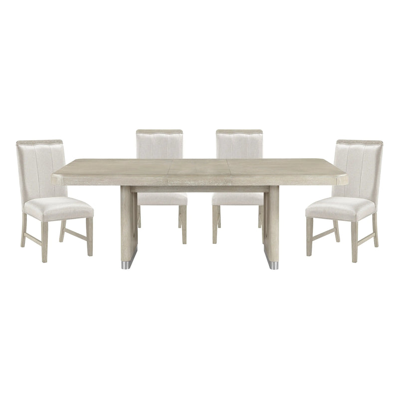 Modern Light Gray 5pc Dining Set Expandable Dining Table Upholstered Chairs Metallic Accents Wooden Furniture Glass House Furnishings